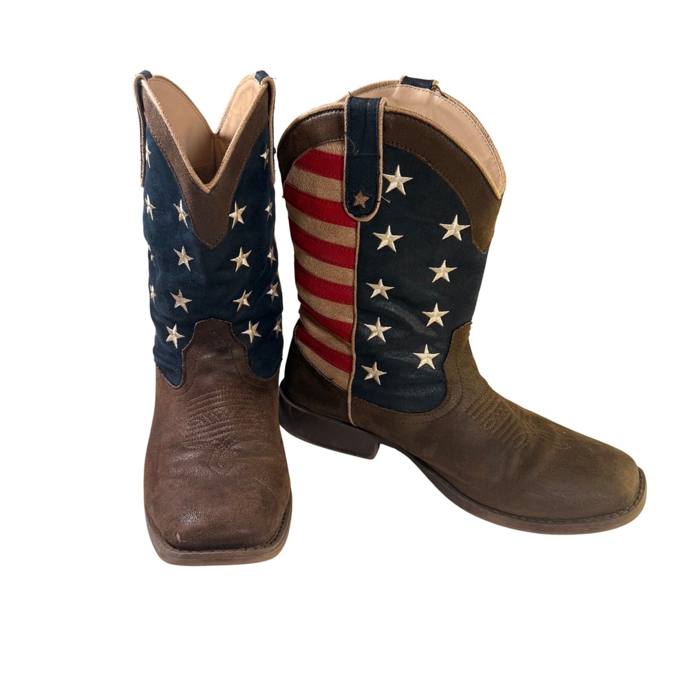 Roper Cowboy Boots Mens 11.5 Brown American Flag Stars Stripes Square Toe USA